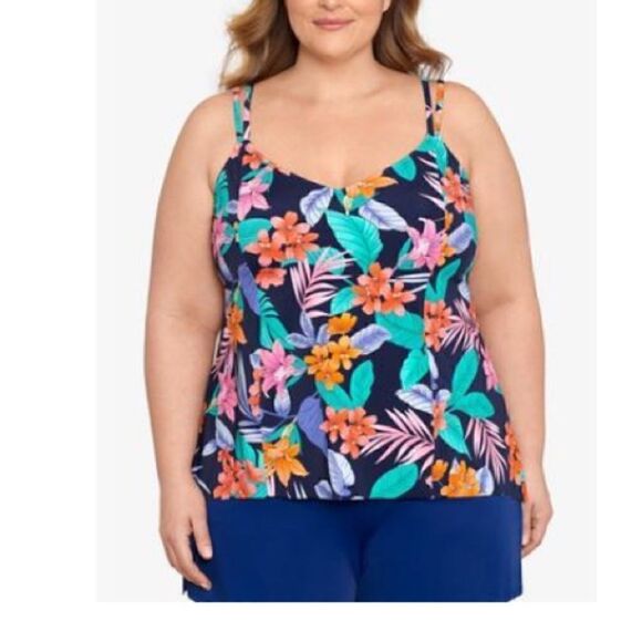 Swim Solutions Navy Multi Plus Size swimsuit Double Strap Tankini Size 16W $79 - Picture 2 of 15